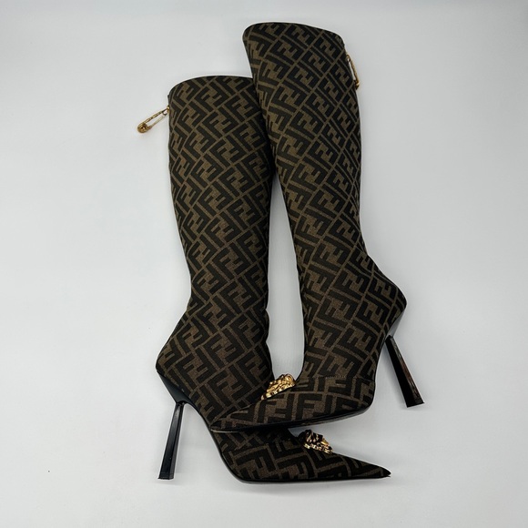 Fendi Shoes - Fendi Brown Monogram Over-the-Knee Pointed Boots with Gold Medusa Medallion